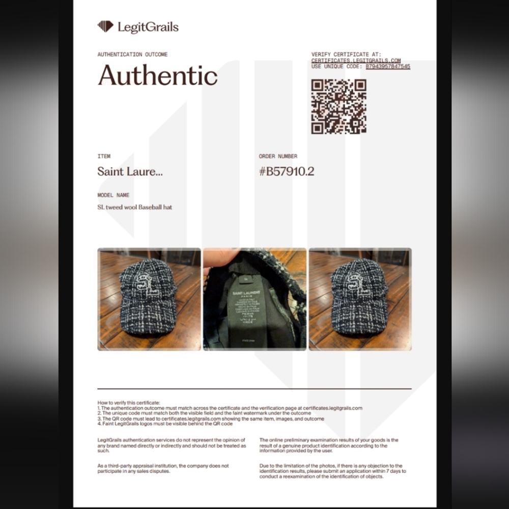 Saint Laurent SL Tweed Embroidered Baseball Hat Wool Alpaca 56 *Authenticated* - Picture 13 of 13